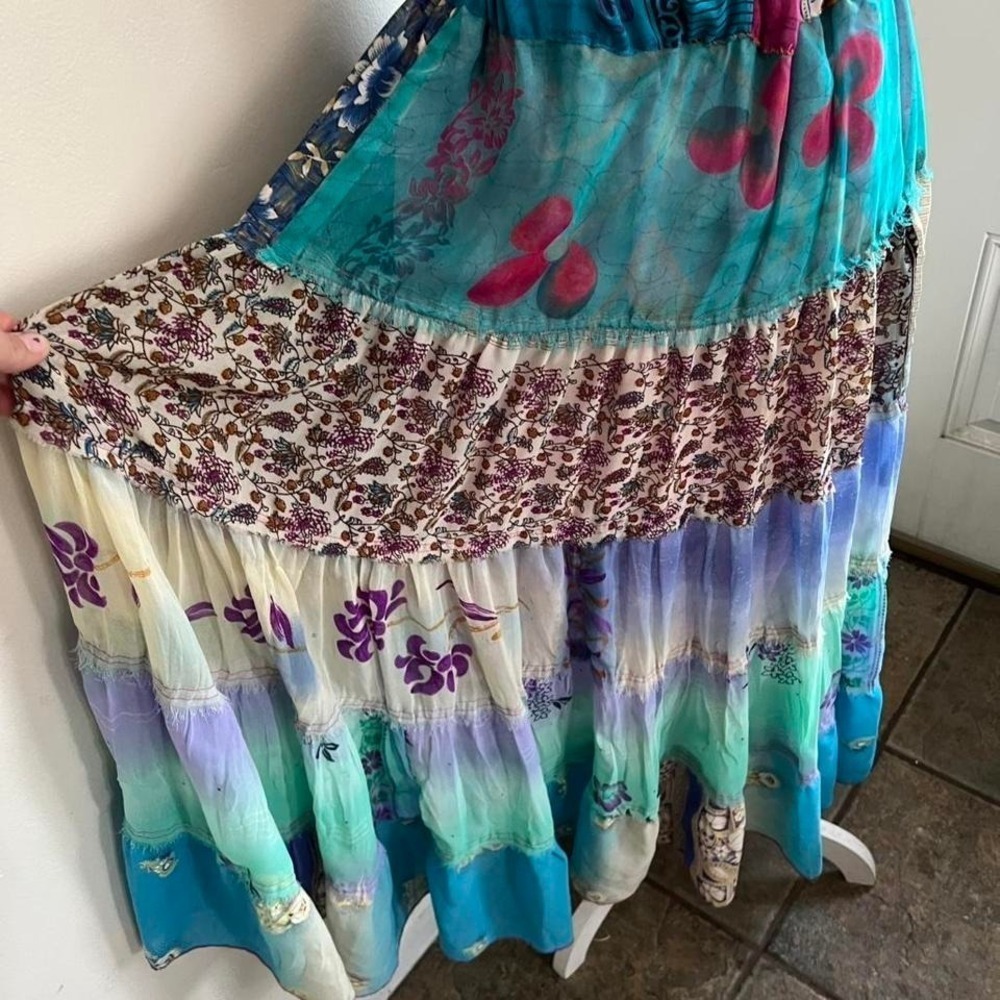Bambu Womens Teal Purple Patchwork Tiered Boho Maxi Skirt Small - Picture 6 of 7